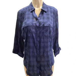 Emily Daniels Blue & Black Checkered 3/4 Sleeve Button Up Blouse Size Large New